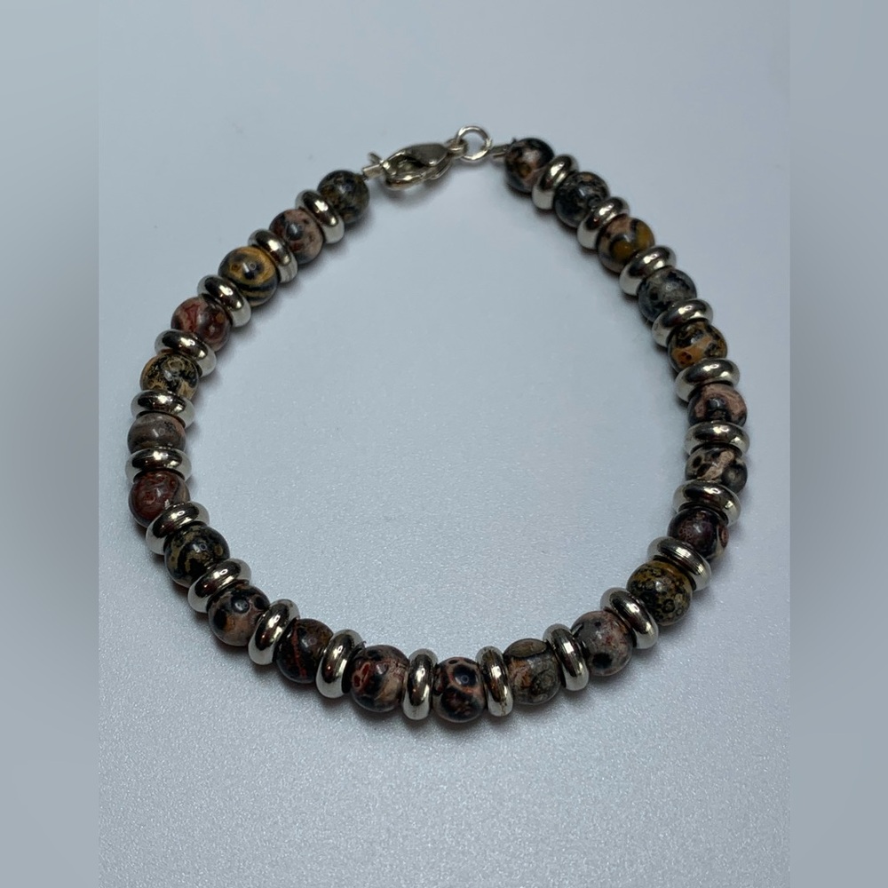 Vintage Sterling Silver & Leopard Jasper 6MM Beaded Bracelet 7-1/2” Long - Picture 15 of 16